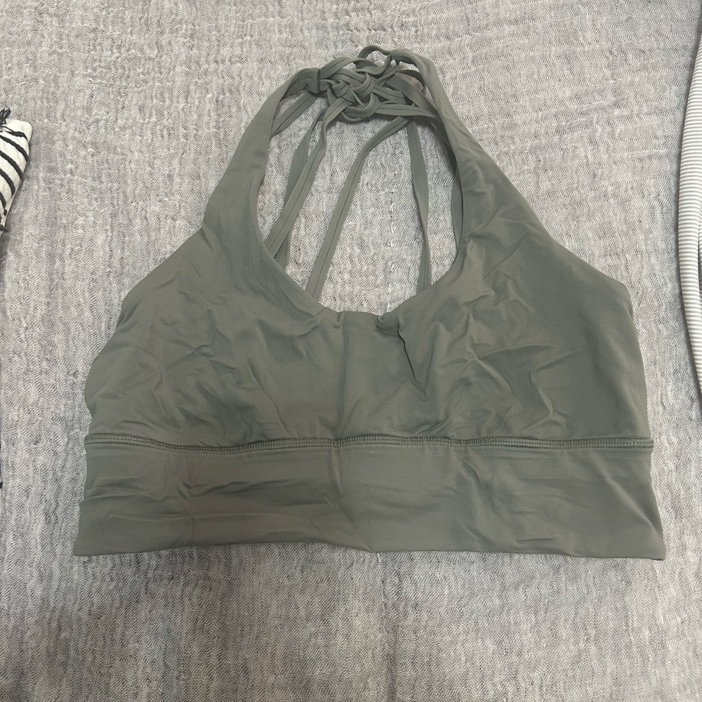 Greenish/gray strappy lululemon sports bra, size 10.